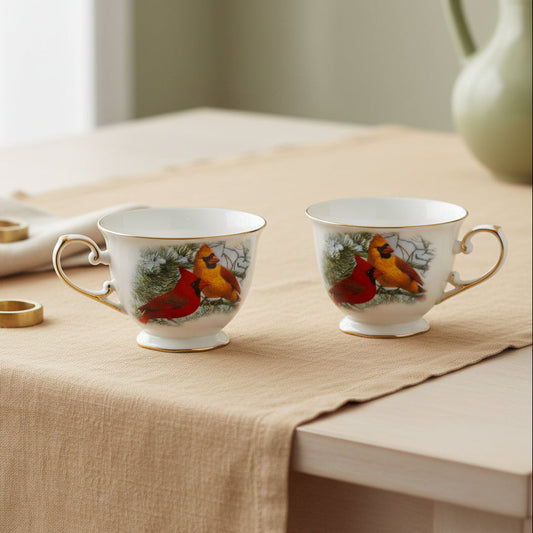 Cardinal porcelain cup and saucer pair painted with cardinal birds, 325 mL