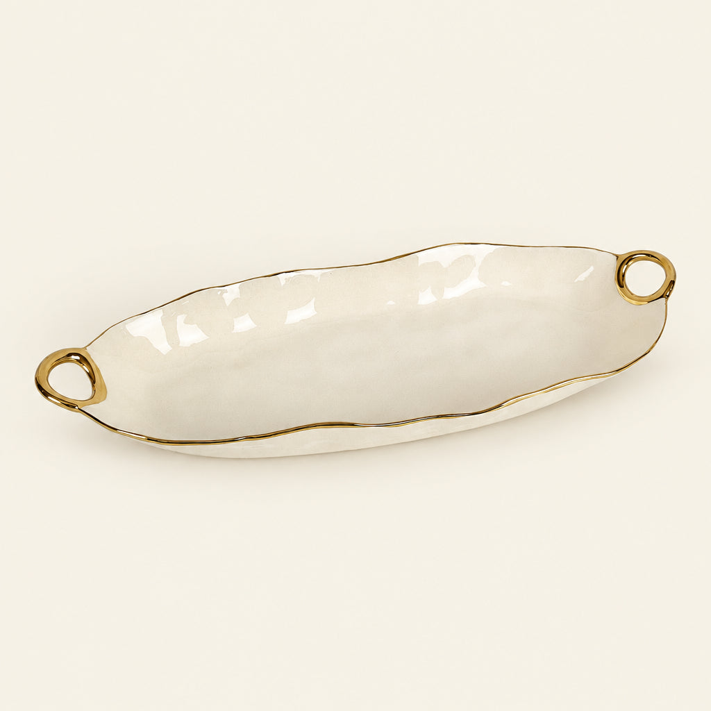 Gold Loop 20-inch oval cream porcelain serving platter with scalloped edges and gold loop handles