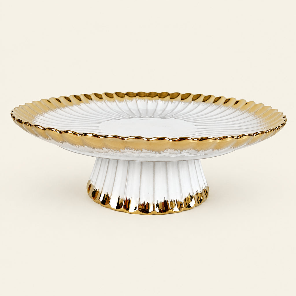 Gold Ray 13 inch round porcelain cake stand with a fluted gold rim, part of the dessert table set