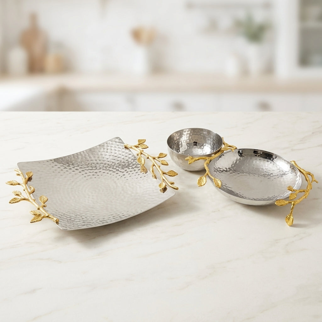 Dhanteras Serving Set | Gilded Leaf, 3 Pieces