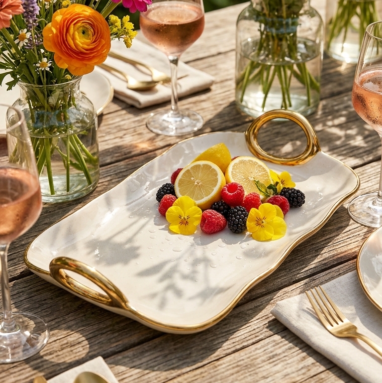 A rectangular white serving tray with gold handles and trim sits on a rustic wooden outdoor table, styled with fruit, glasses of rosé wine, folded napkins, gold cutlery, and colorful flower arrangements in the background.