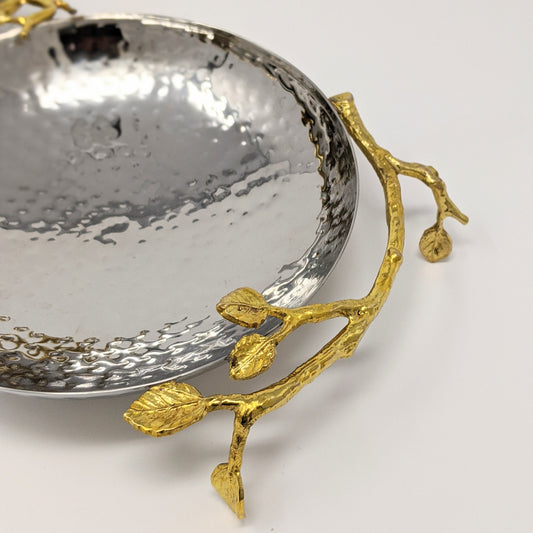 Gilded Leaf two-section hammered serving bowl with gold trim, 10.5 inches