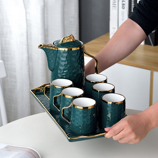 Emerald Green Nordic porcelain tea set with teapot, six mugs and a matching serving tray