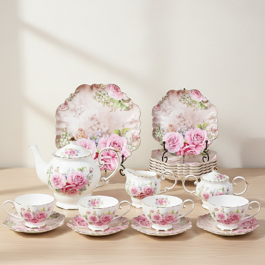 A bone china tea service laid out for six