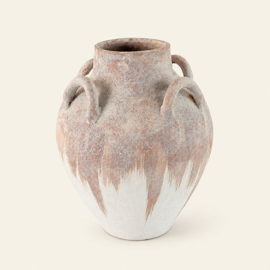 Amphora 13-inch large terracotta vase with four loop handles and a mottled brown and white finish