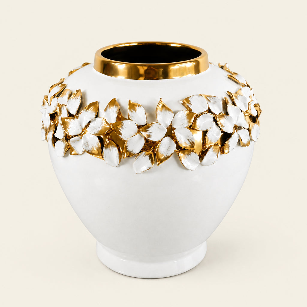Floral Collar glossy white ceramic vase with a sculpted gold and silver leaf-and-petal collar