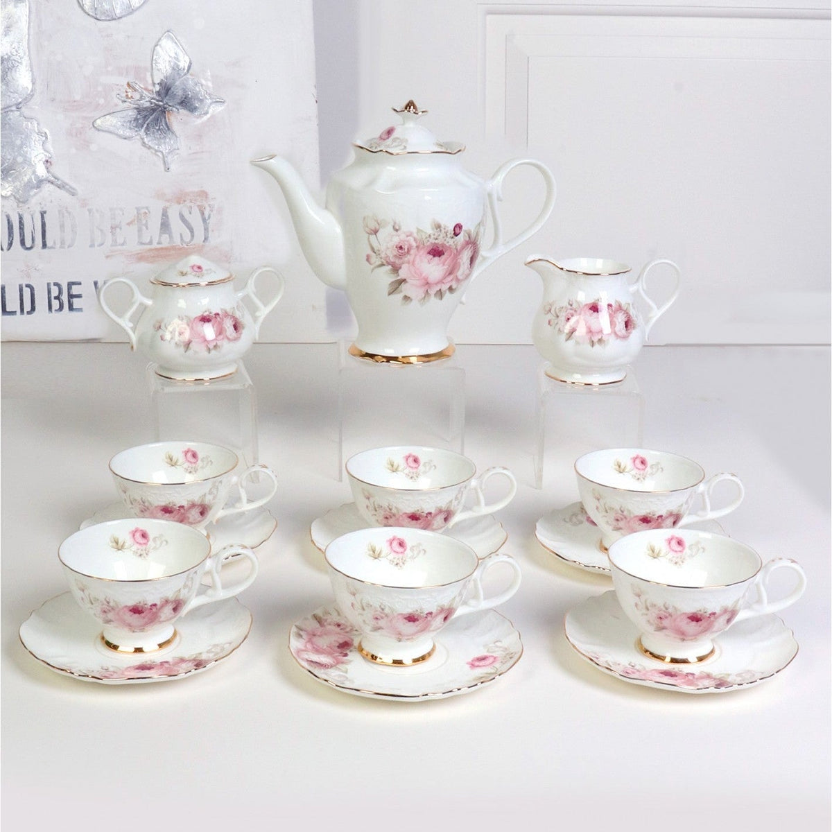 Pink Peony bone china tea service