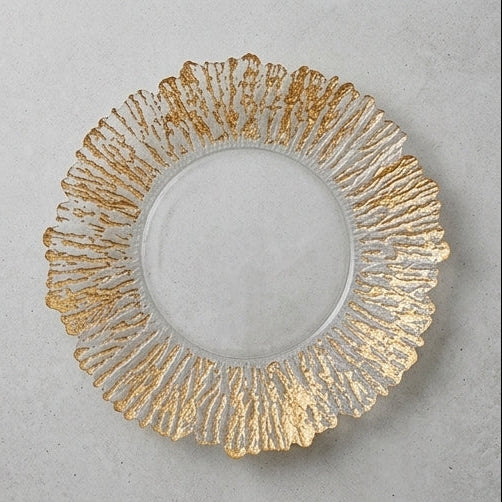 A four-panel collage showing a decorative round glass charger plate with a textured, ruffled edge and metallic gold detailing. The top-left panel is a close-up of the gold and clear textured rim.
