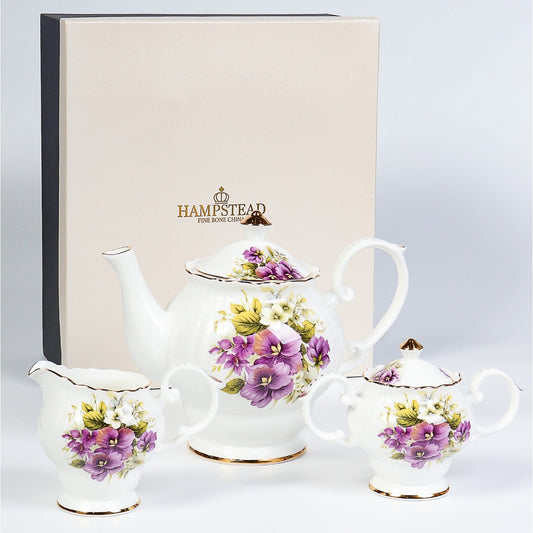 Royal Violet porcelain teapot set with matching sugar and creamer