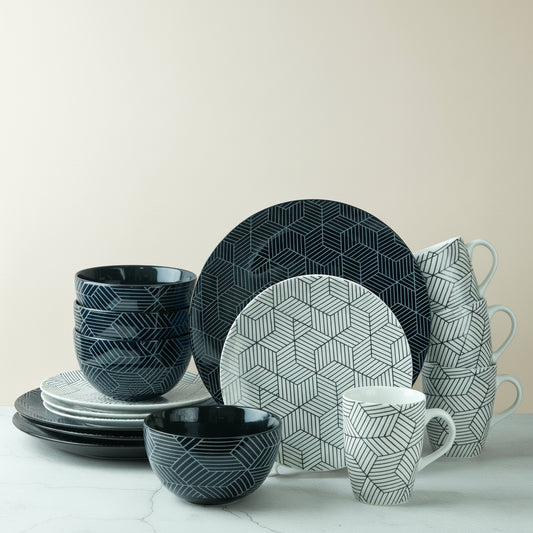Almera 16-piece black and white porcelain dinner set, service for four