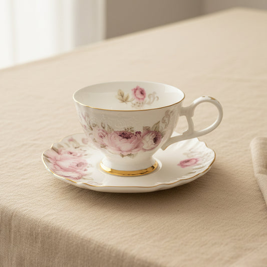 Pink Peony bone china tea set for six with teapot, cups, saucers and cake plates