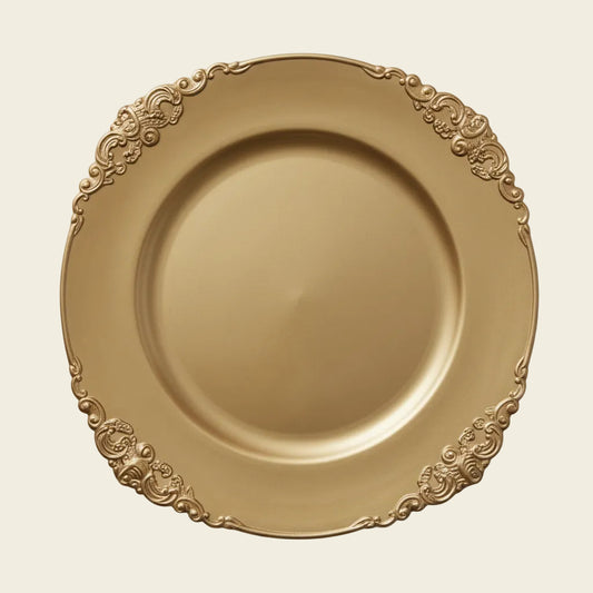 Gold charger plates with ornate embossed floral borders, shown in a four-panel collage including a top-down view, a close-up detail, and a styled dining table setting with a white plate on top.