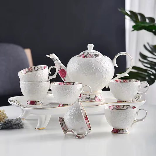 English Floral porcelain tea set for six with a 10.5 inch serving tray