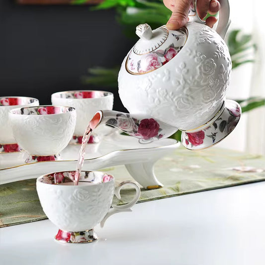 English Floral porcelain tea set for six with a 10.5 inch serving tray