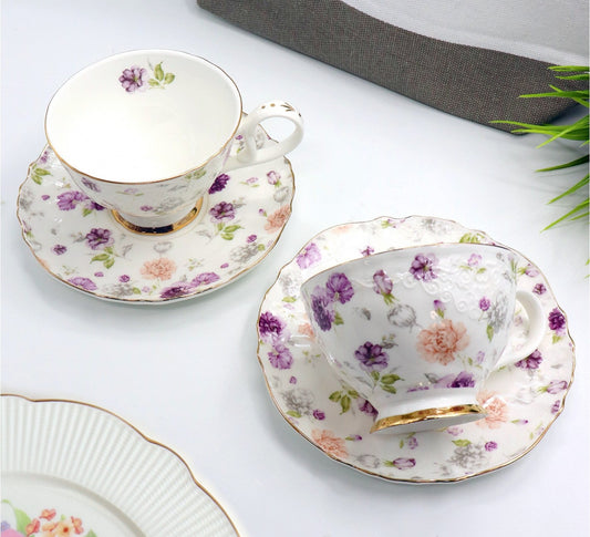 Purple Asters porcelain cup and saucer pair with purple aster flowers, 325 mL
