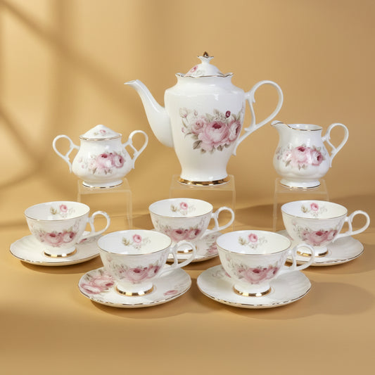 Pink Peony bone china tea set for six with teapot, cups, saucers and cake plates