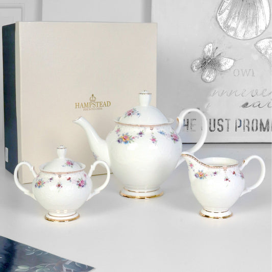 Mayfair Meadow white porcelain teapot set with a built-in loose leaf filter