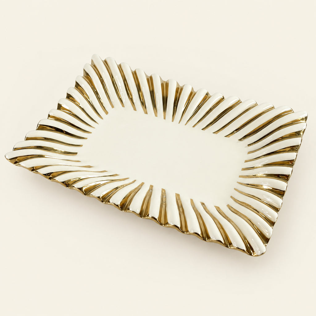 Gold Ray 14 inch rectangular white porcelain tray with a fluted gold rim, part of the dessert table set