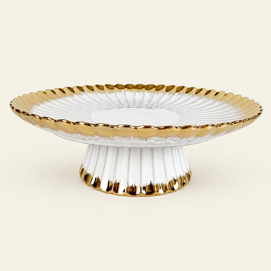 Gold Ray 13 inch round porcelain cake stand with a fluted gold rim, part of the dessert table set