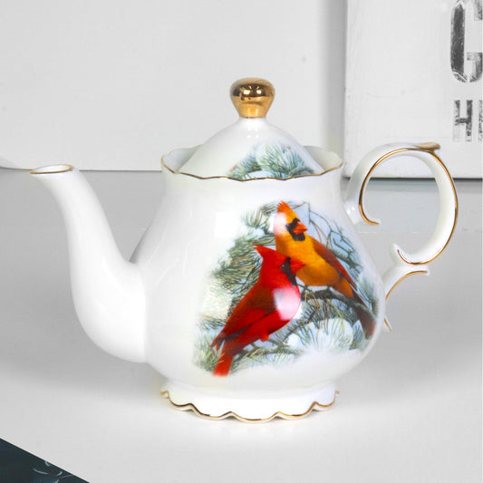 Cardinal porcelain teapot, 1000 mL, with cardinal birds and a gold rim