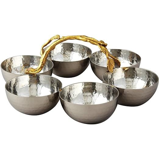 Hammered stainless steel condiment serving tray with gold trim, 9 inches