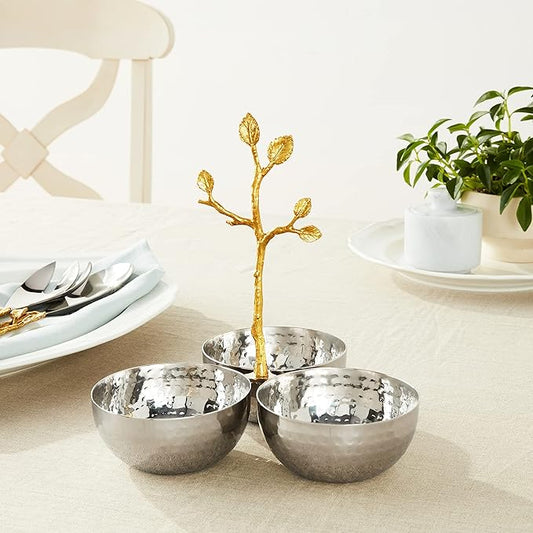 Gilded Leaf triple nut bowl with three sections in a gold finish