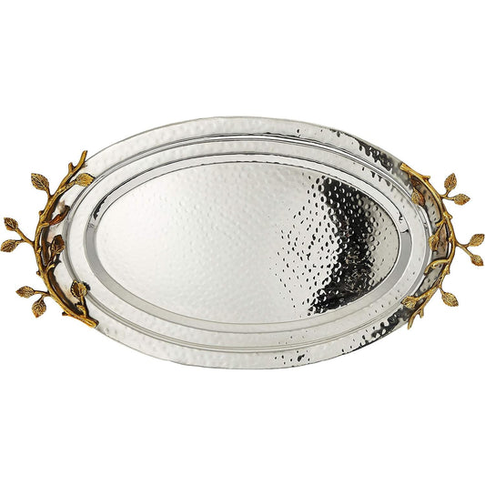 Gilded Leaf oval hammered serving tray with gold trim, 15 inches long