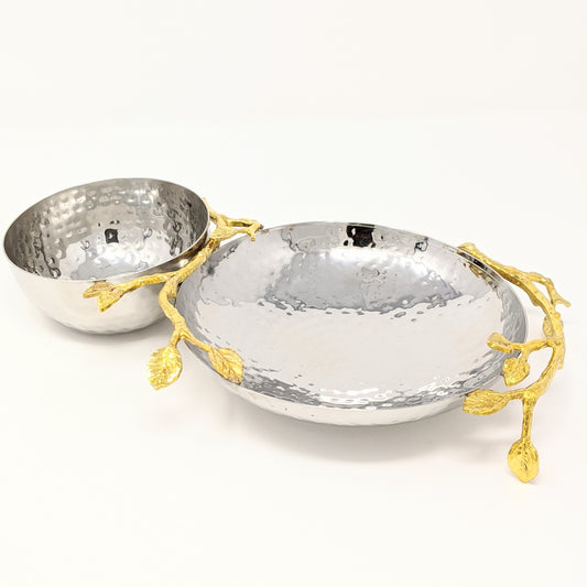 Gilded Leaf two-section hammered serving bowl with gold trim, 10.5 inches