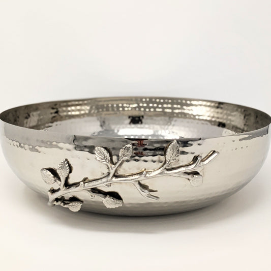 Low hammered stainless steel serving bowl with silver trim, 12 inches