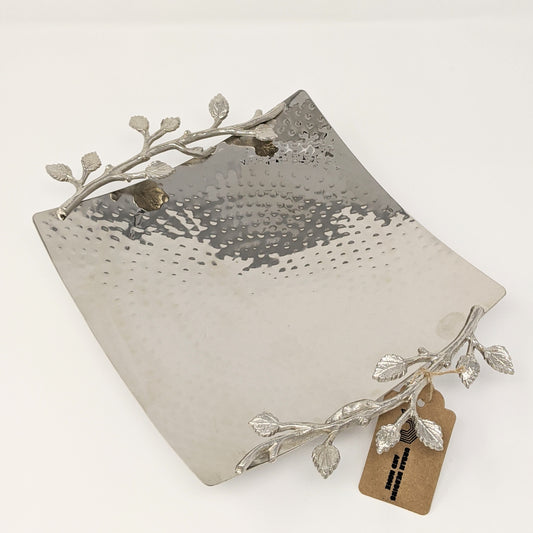 Hammered stainless steel square serving tray with silver trim, 9 inches
