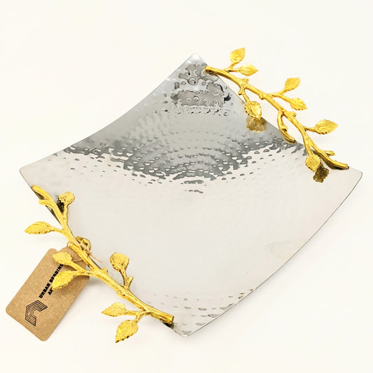 Gilded Leaf square hammered serving tray with gold trim, 8 inches wide