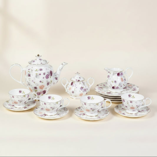 Purple Asters 24-piece porcelain tea set for six with teapot, cups and cake plates