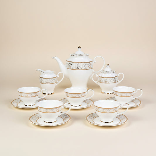 Royal Gold 15-piece bone china tea set for six with gold trim, teapot, cups and saucers