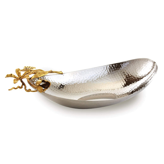 Gilded Flower boat-shaped serving tray with gold trim, 15 inches long
