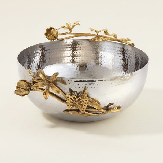 Gilded Flower hammered serving bowl with gold trim and flower motif
