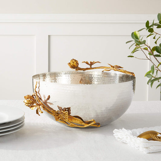 Gilded Flower hammered serving bowl with gold trim and flower motif