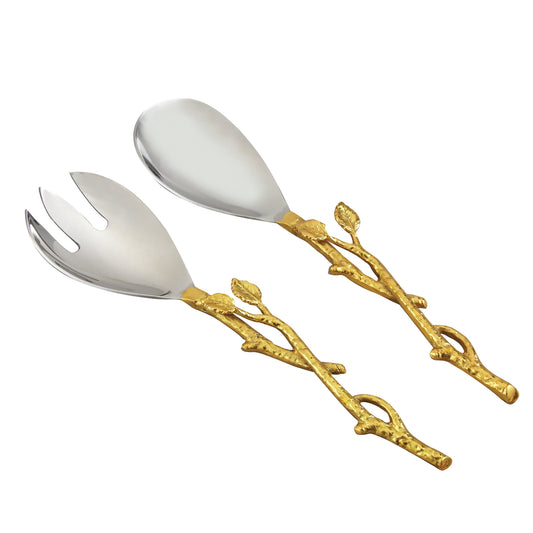 Gilded Leaf salad serving set with golden vine handles, 12 inches
