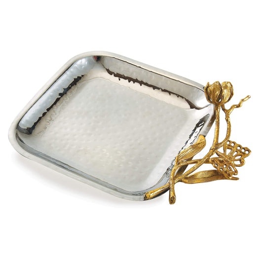 Gilded Flower flat square serving tray with gold trim, 12 inches wide