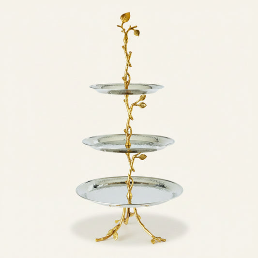 Gilded Leaf three-tier cake stand in stainless steel with a golden vine accent