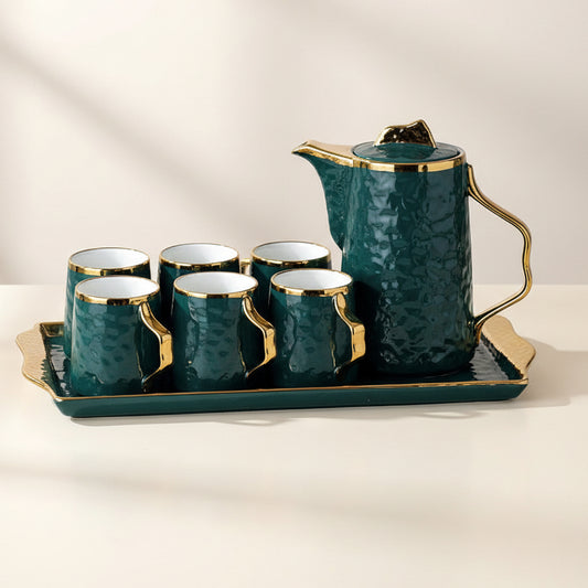 Emerald Green Nordic porcelain tea set with teapot, six mugs and a matching serving tray
