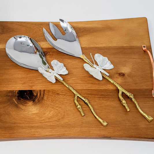 Butterfly gold serving spoon set in 18/10 stainless steel with a golden vine handle