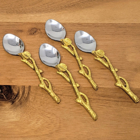 Gilded Leaf teaspoon set of four with golden vine handles, 6 inches