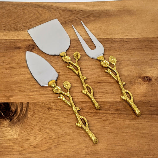 Gilded Leaf three-piece charcuterie serving set with golden vine handles