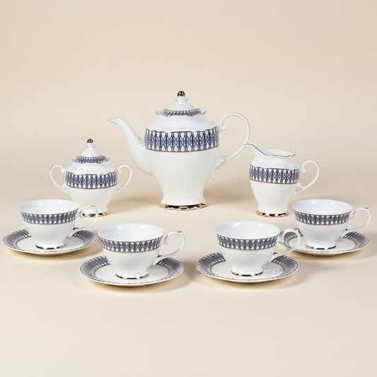 Royal Blue 15-piece bone china tea set for six with teapot, cups and saucers